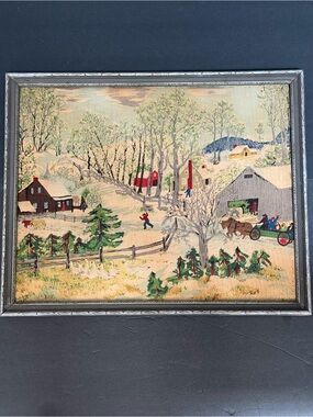 Grandma Moses Framed EARLY SPRINGTIME ON THE FARM Barkcloth Picture 17,5x21,5”